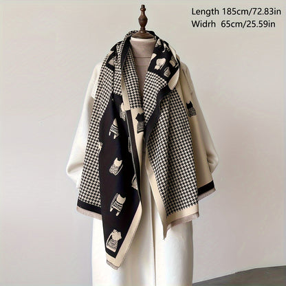 Elegant Double-Sided Cat Pattern Houndstooth Jacquard Scarf – Soft & Warm Winter Shawl