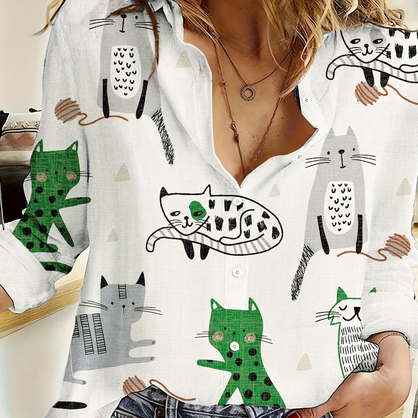 Cartoon Print Button Front Shirt – Casual Long Sleeve Cardigan for Spring & Fall