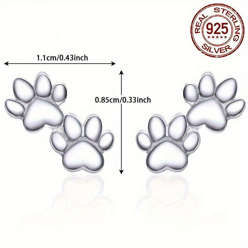 Silvery Cute Animal Paw Design Stud Earrings – Elegant Sterling 925 Silver Jewelry for Daily Casual Wear