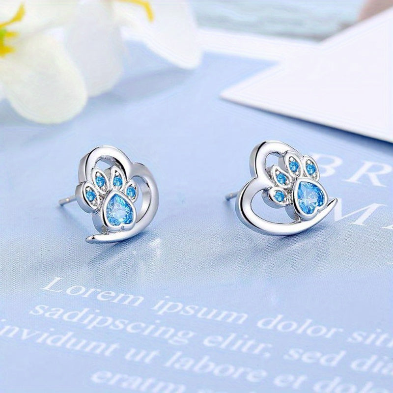 Sterling 925 Silver Hollow Heart Paw Pattern Zirconia Stud Earrings