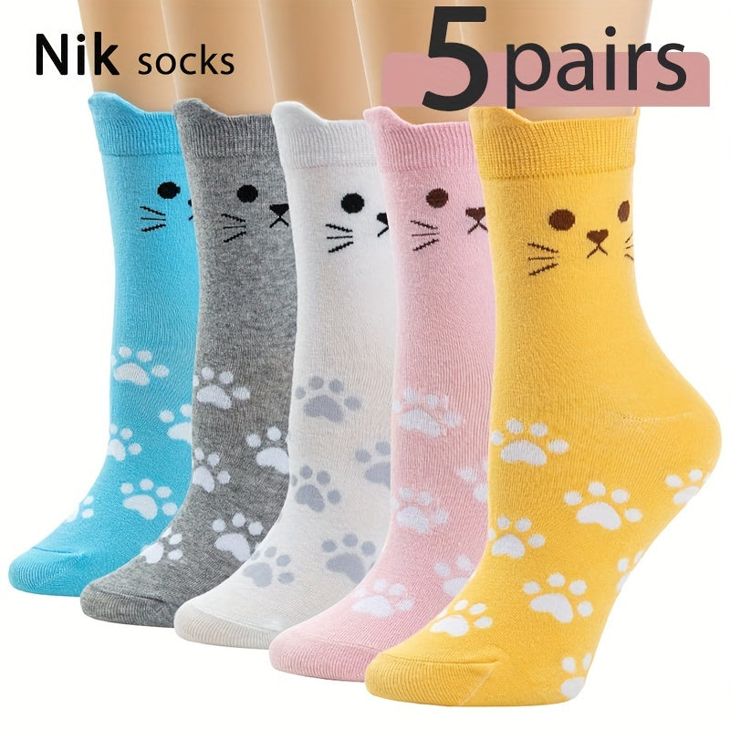 WhimsyCat Women’s Crew Socks – Cute Cat Face & Paw Print Design