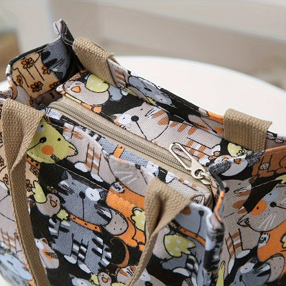 Cartoon Canvas Cat Print Lunch Bag – Portable and Stylish Storage for Work or School