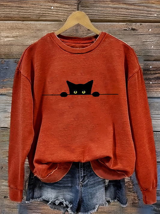 Cat Print Pullover Sweatshirt – Casual Long Sleeve Crew Neck Sweatshirt for Fall & Winter