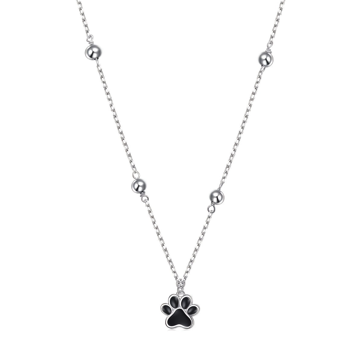 S925 Sterling Silver Dog Paw Choker Necklace – Cute Cartoon Animal Theme, Silver Toned with Beads