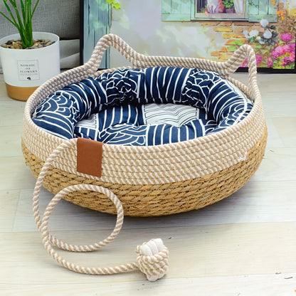 Handwoven Natural Fabric Cat Bed – Vintage Style Pet House with Removable Cotton Pad