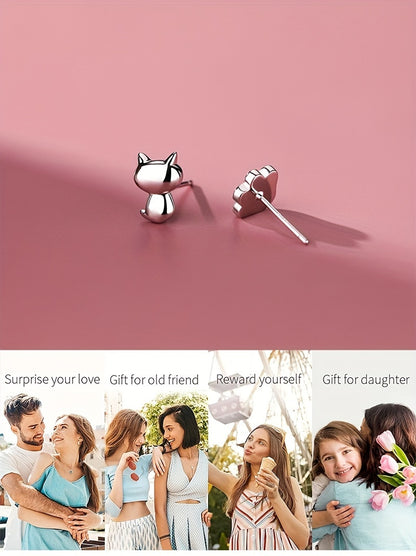 Elegant Cute Animal Theme 925 Sterling Silver Stud Earrings – Cat and Paw Print Design