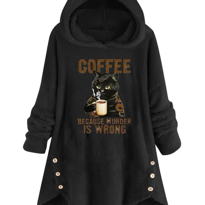 Cozy Cat & Slogan Print Teddy Hoodie for Women