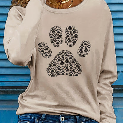 Adorable Puppy Paw Print Tee - Soft, Casual, Long Sleeve Crew Neck T-shirt for Women - Comfortable, Relaxed Fit, Animal Lover's Gift Idea, Women's Clothing