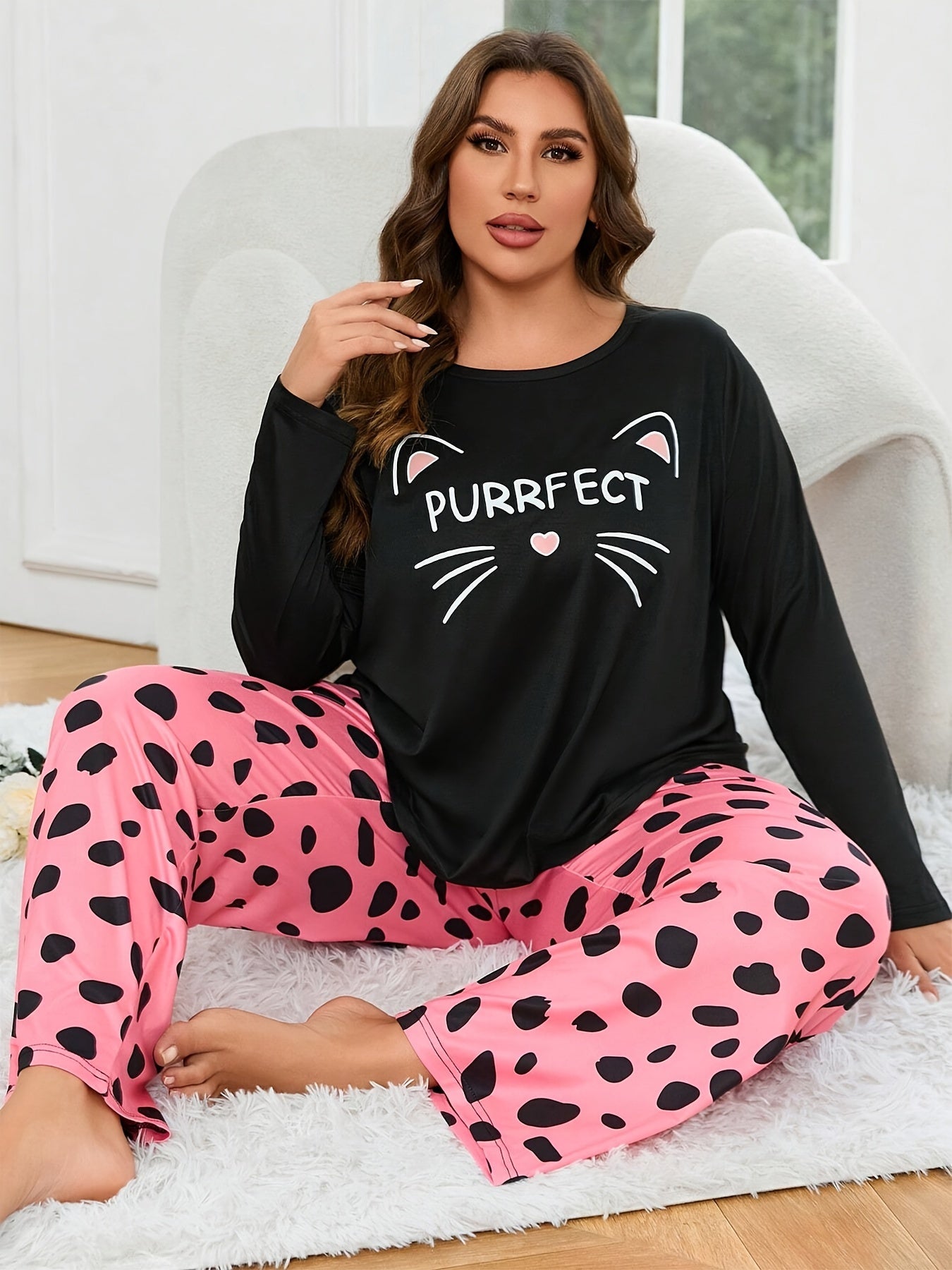 Pet Themed Pajamas | Women's Black Cat & Slogan Print Pajama Set