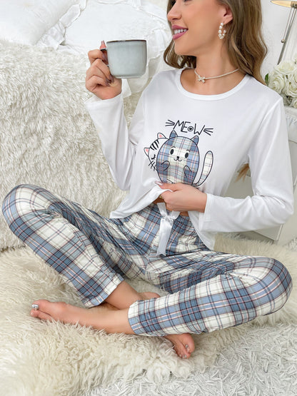 Cozy & Cute Cartoon Cat Plaid Pajama Set for Women