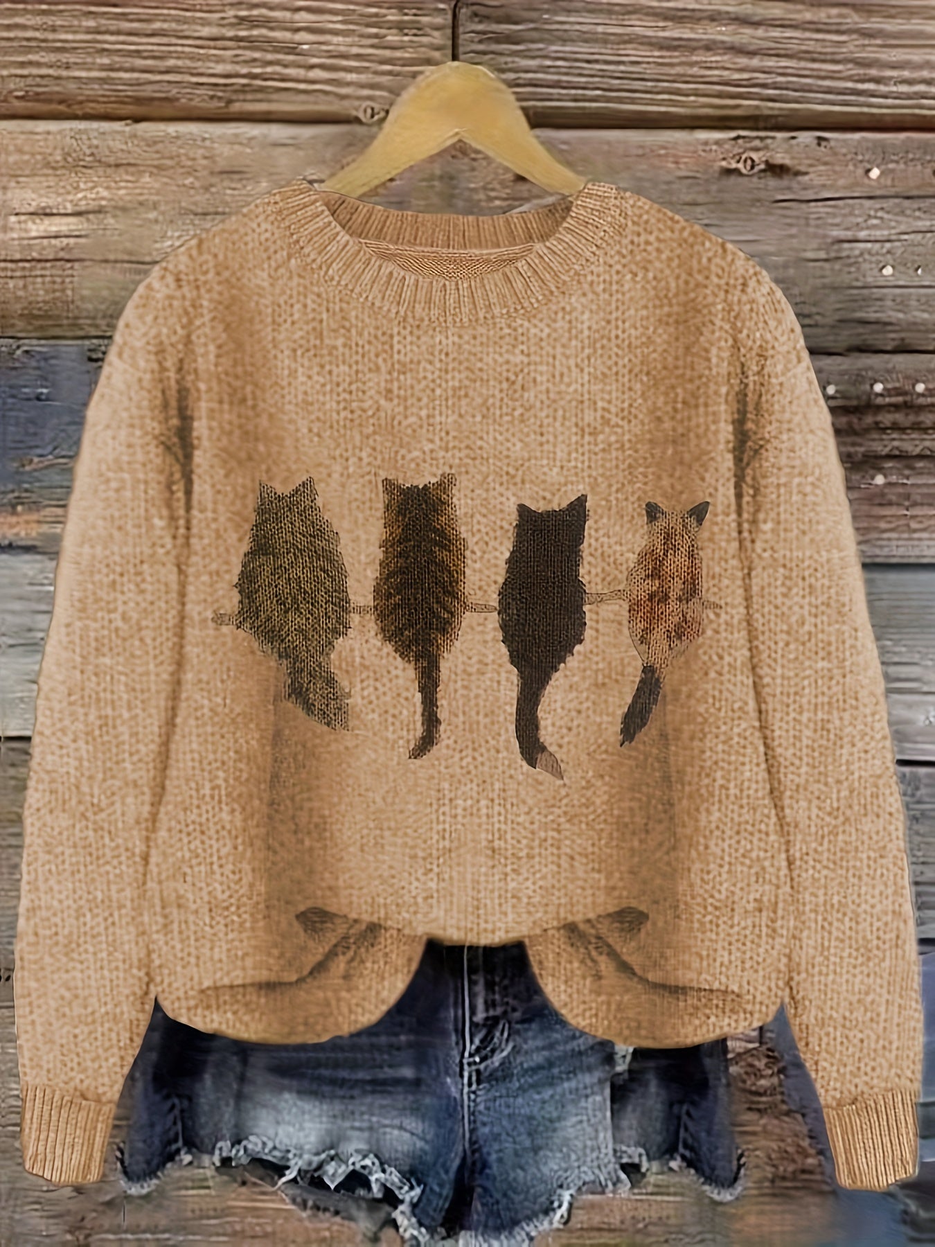 Cat Print Crew Neck Color Block Casual Pullover Sweater