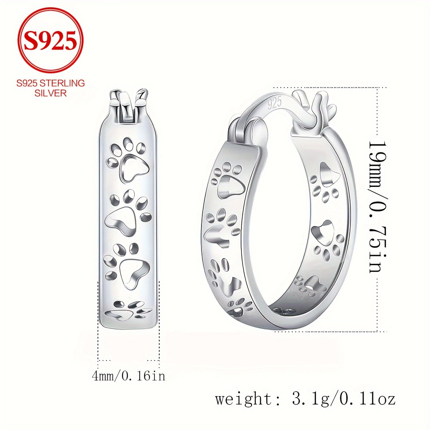 925 Sterling Silver Paw Print Hoop Earrings – Simple & Elegant Vacation Style