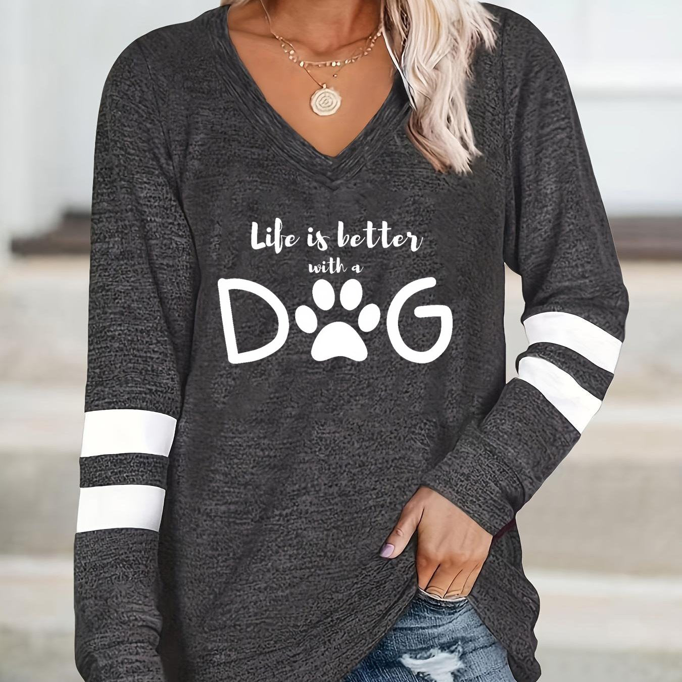 Dog Letter Print T-Shirt – Women's Long Sleeve V-Neck Casual Top for Spring & Fall