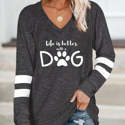 Dog Letter Print T-Shirt – Women's Long Sleeve V-Neck Casual Top for Spring & Fall