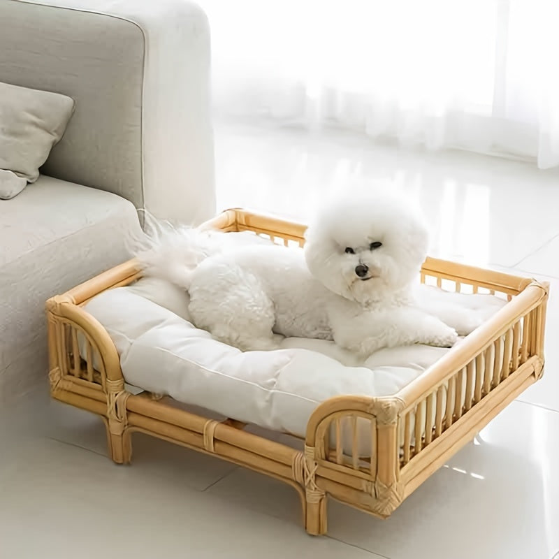 Summer Cool Rattan Woven Pet Bed – Bohemian Comfort for Small Dogs