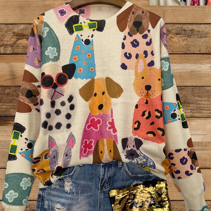 Women's Fashion Knit Sweater - Cartoon Dogs Pattern