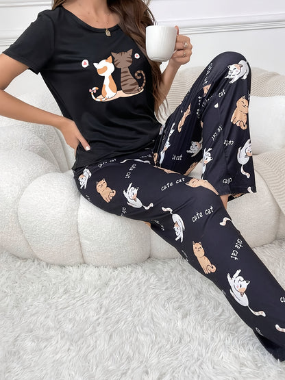 Cartoon Kitten Pattern Women's Pajama Set – Cozy and Cute Sleepwear