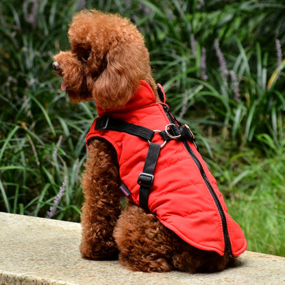 Warm Padded Dog Vest with Built-In Harness – Cozy Red Coat for Small Dogs