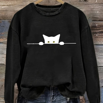 Cat Print Pullover Sweatshirt – Casual Long Sleeve Crew Neck Sweatshirt for Fall & Winter