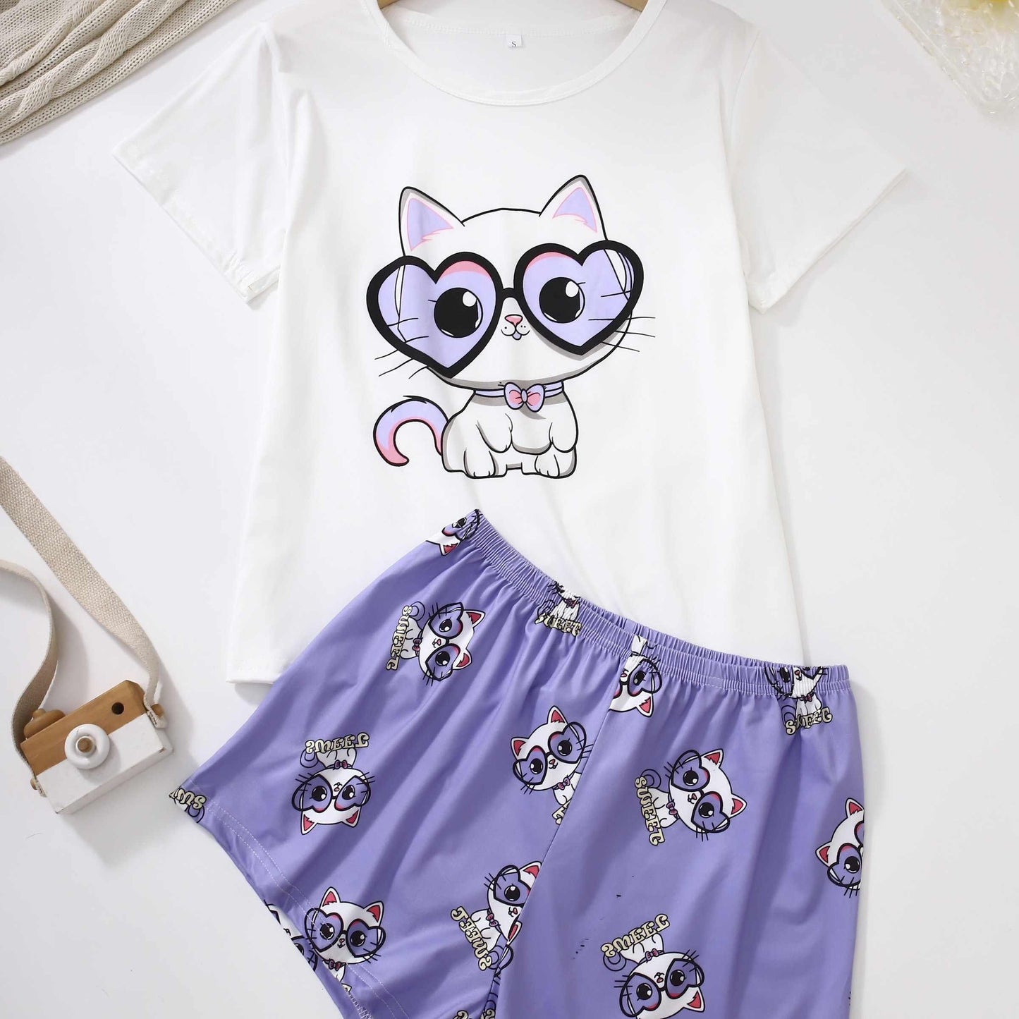 Women's Pet Themed Cat Print Pajama Set