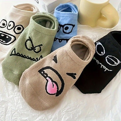 5 Pairs Cartoon Print Socks – Funny & Breathable Low Cut Ankle Socks for Women