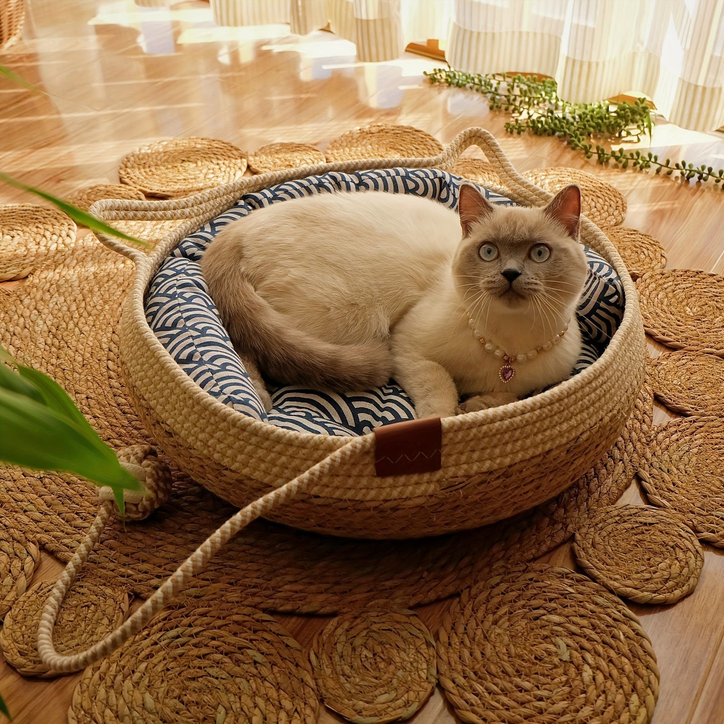 Handwoven Natural Fabric Cat Bed – Vintage Style Pet House with Removable Cotton Pad