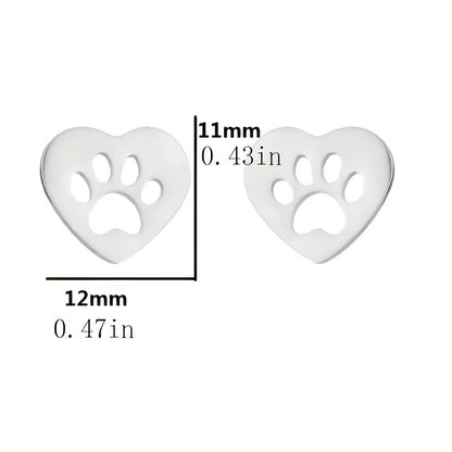 Heart-Shaped Hollow Animal Footprint Stud Earrings – Cute & Elegant Stainless Steel Jewelry