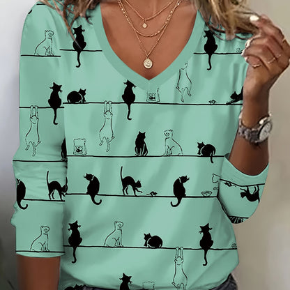 Cute Cat Print V-Neck T-Shirt – Casual Long Sleeve Top for Women