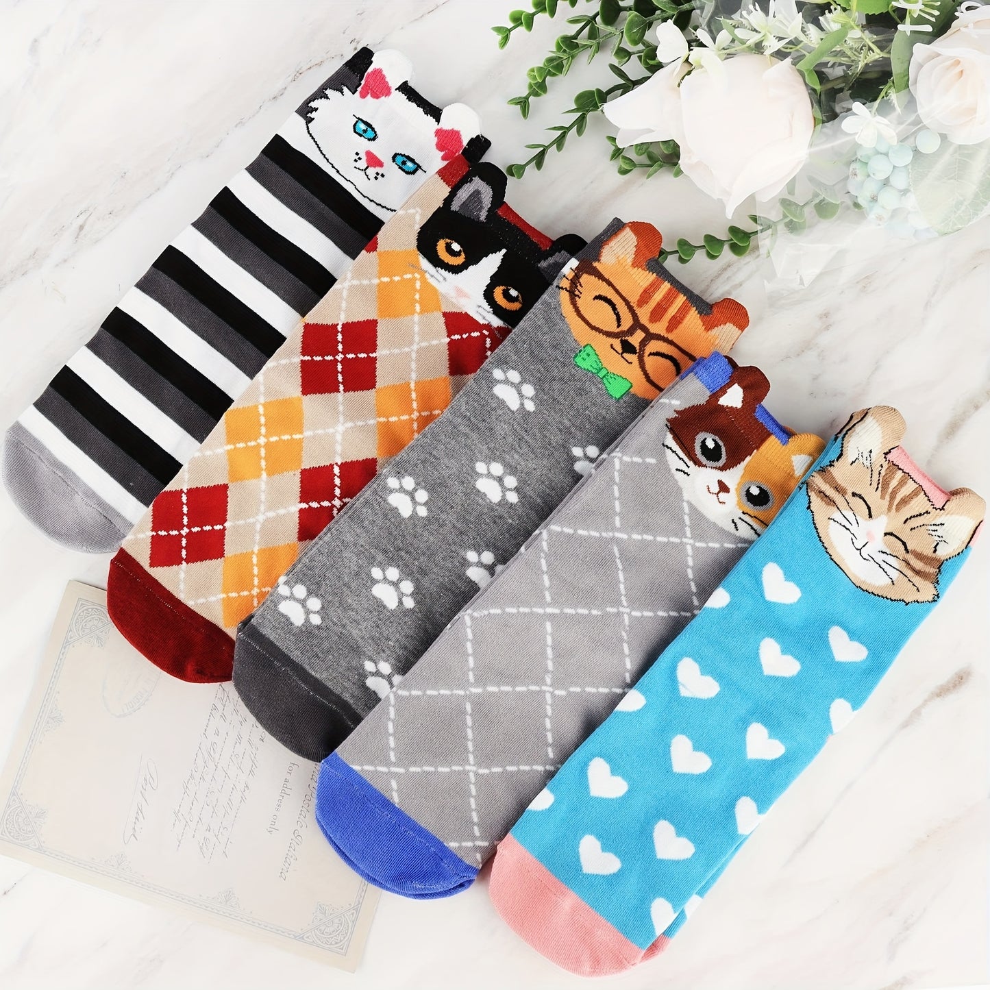 5 Pairs Women's Cat Socks - Perfect Cat Gifts for Cat Lovers, Moms, and Women