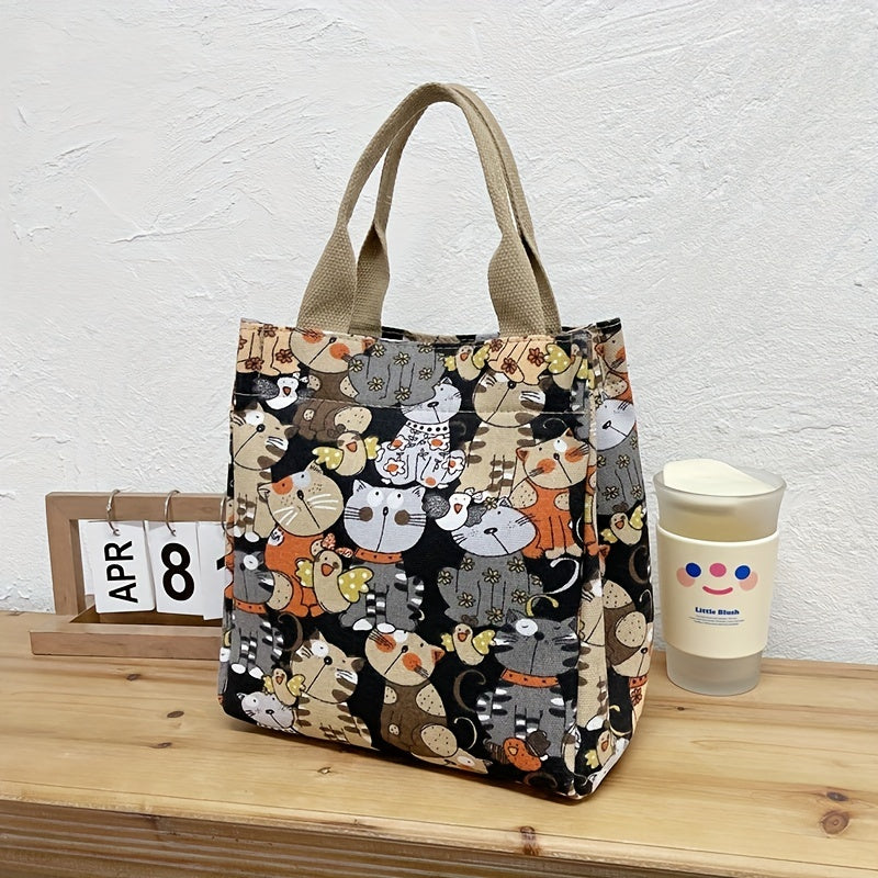 Cartoon Canvas Cat Print Lunch Bag – Portable and Stylish Storage for Work or School