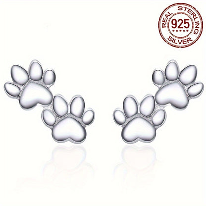 Silvery Cute Animal Paw Design Stud Earrings – Elegant Sterling 925 Silver Jewelry for Daily Casual Wear