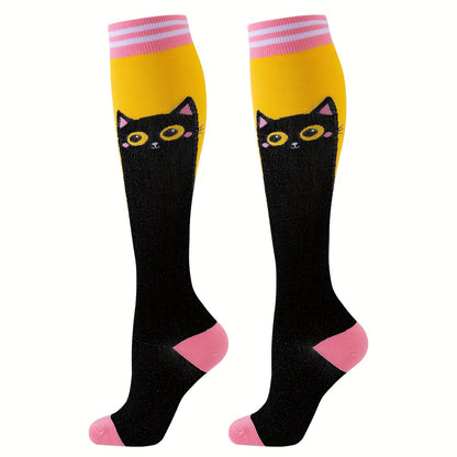 5 Pairs of Cartoon Cat Patterned Men's Over-The-Calf Breathable Compression Socks – Soft, Comfy, Moisture-Wicking, and Stylish for Outdoor Fitness Exercises