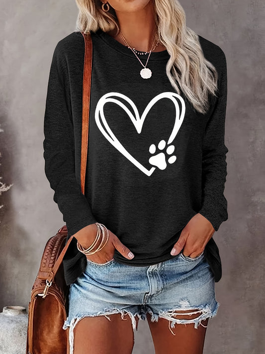 Dog Paw Heart Pattern T-Shirt – Women's Long Sleeve Casual Top for Fall & Spring