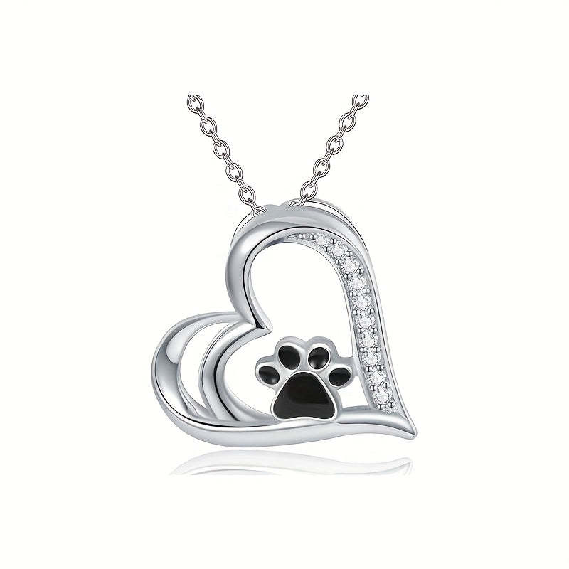 925 Sterling Silver Heart-Shaped Pendant Necklace – Synthetic Cubic Zirconia Paw Print Design