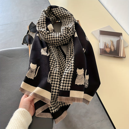 Elegant Double-Sided Cat Pattern Houndstooth Jacquard Scarf – Soft & Warm Winter Shawl