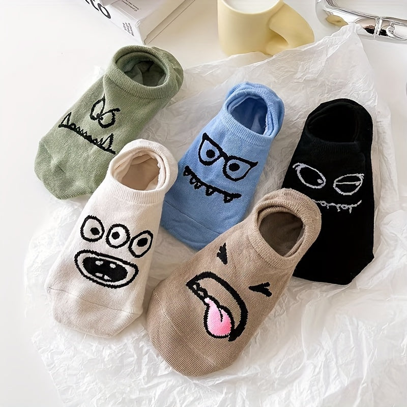 5 Pairs Cartoon Print Socks – Funny & Breathable Low Cut Ankle Socks for Women