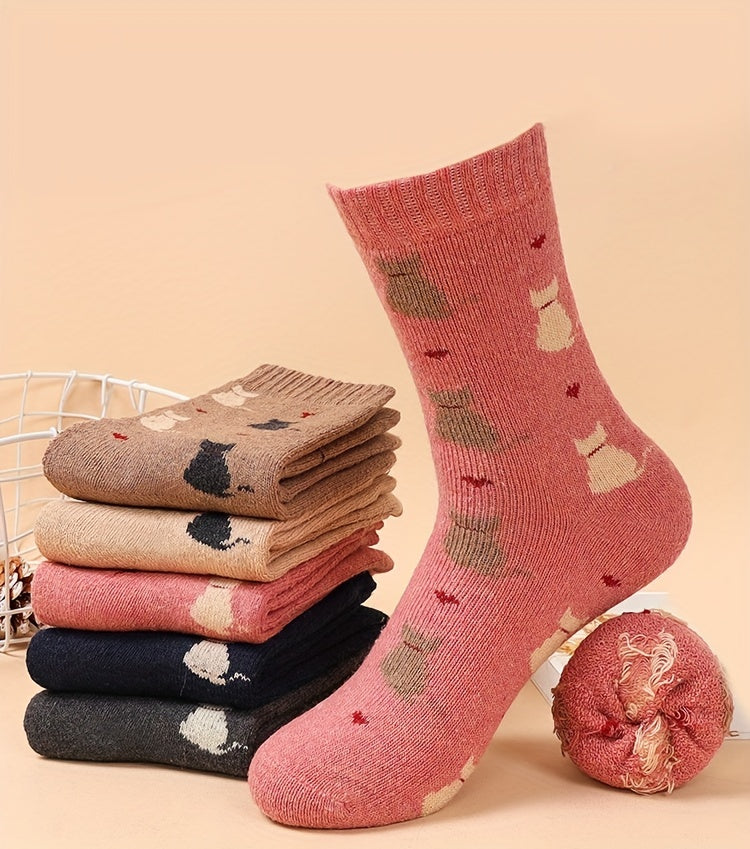 5 Pairs Cartoon Cat Print Socks – Comfy & Warm Mid Tube Socks for Women