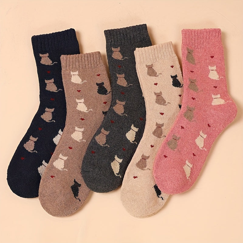 5 Pairs Cartoon Cat Print Socks – Comfy & Warm Mid Tube Socks for Women