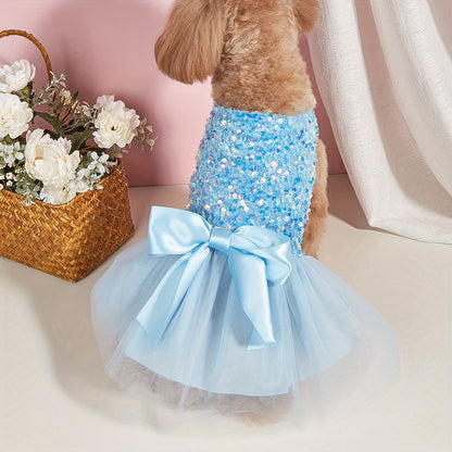 Sparkle and Shine: Pet Sleeveless Sequin Bow Mesh Dress