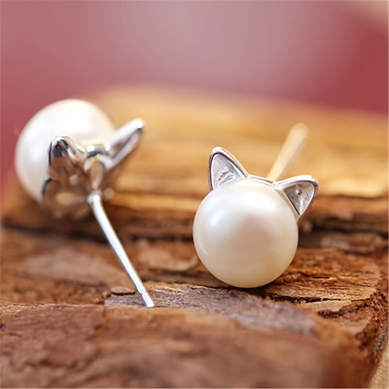 Elegant Cat Ear Pearl Stud Earrings – Chic Accessory for Women