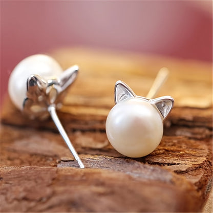 Elegant Cat Ear Pearl Stud Earrings – Chic Accessory for Women