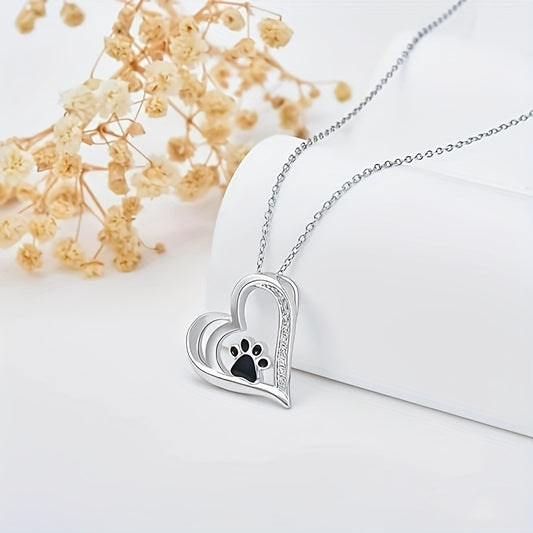 925 Sterling Silver Heart-Shaped Pendant Necklace – Synthetic Cubic Zirconia Paw Print Design