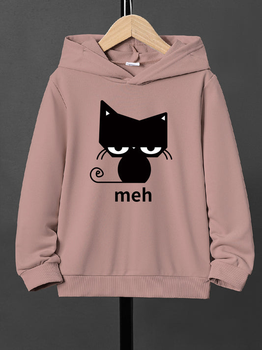 Boys' Casual Cat Print Hoodie – Comfortable Loose-Fit Long Sleeve Pullover for Fall/Winter