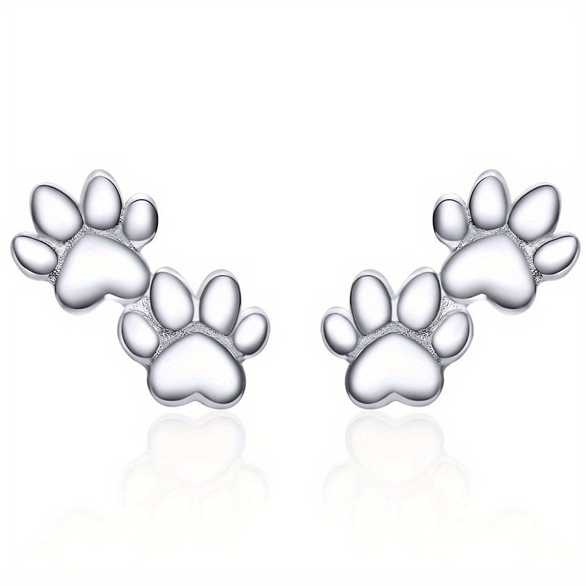 Silvery Cute Animal Paw Design Stud Earrings – Elegant Sterling 925 Silver Jewelry for Daily Casual Wear