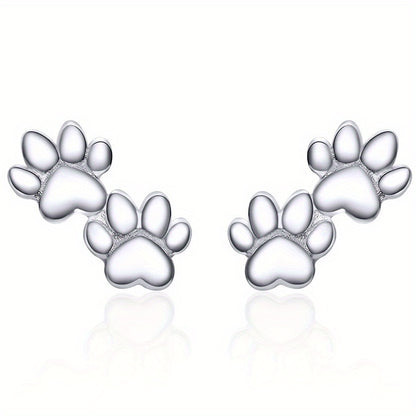 Silvery Cute Animal Paw Design Stud Earrings – Elegant Sterling 925 Silver Jewelry for Daily Casual Wear