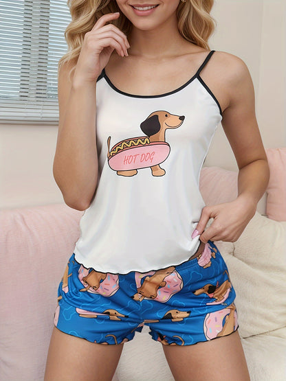 Women's Cute Cartoon Hot Dog Print Shorts Pajama Set