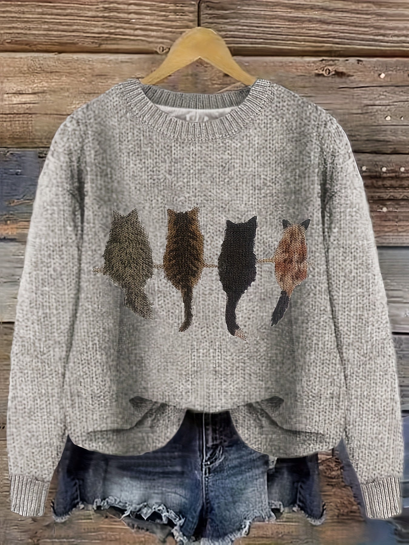 Cat Print Crew Neck Color Block Casual Pullover Sweater