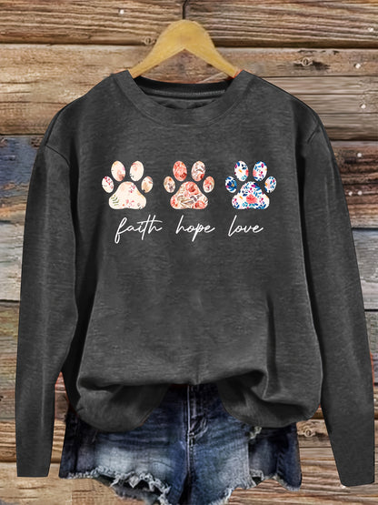 Women's Vintage Floral and Puppy Paw Print Crew Neck Top – Casual Long Sleeve, Polyester Blend