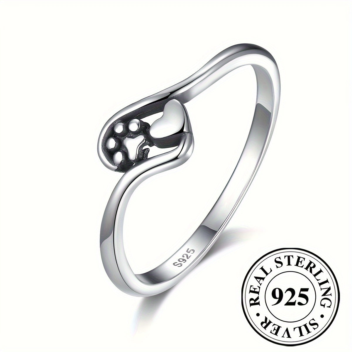 925 Sterling Silver Promise Ring – Cute Paw & Heart Design