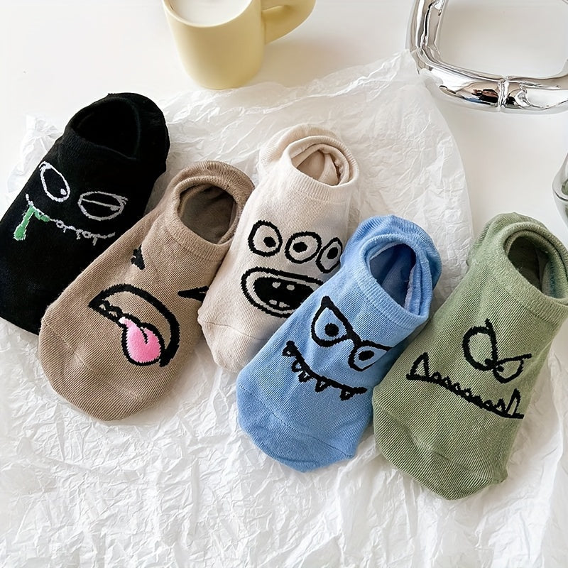 5 Pairs Cartoon Print Socks – Funny & Breathable Low Cut Ankle Socks for Women